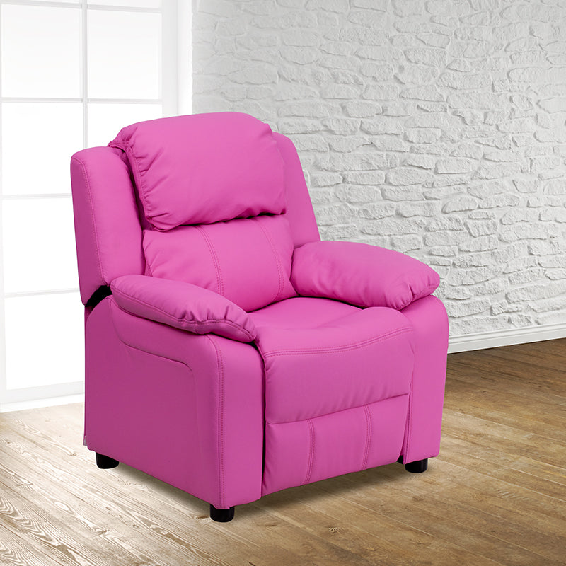 Hot Pink Vinyl Kids Recliner with Storage Arms and Headrest