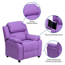 Load image into Gallery viewer, Lavender Vinyl Kids Recliner with Storage Arms and Headrest
