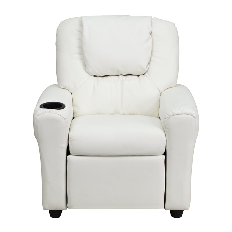 White Vinyl Kids Recliner with Cup Holder and Headrest