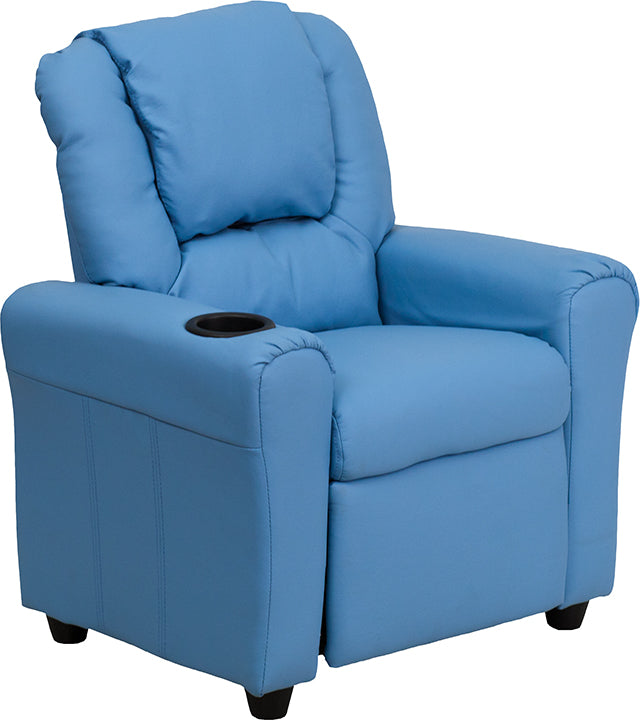 Light Blue Vinyl Kids Recliner with Cup Holder and Headrest